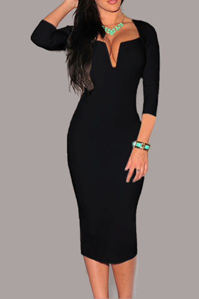 Fashion Sexy V Neck Long Sleeves Black Cotton Blend Sheath Knee Length Women Dress