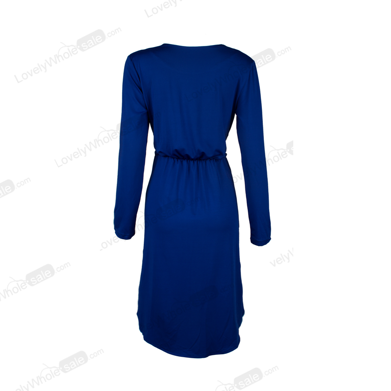 Fashion Sexy V Neck Long Sleeves Blue Polyester  Mini Women Dress