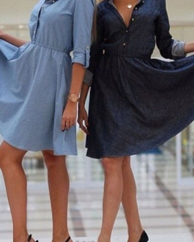 Fashion Turndown Collar Half Sleeves Black Polyester Knee Length Women Dress