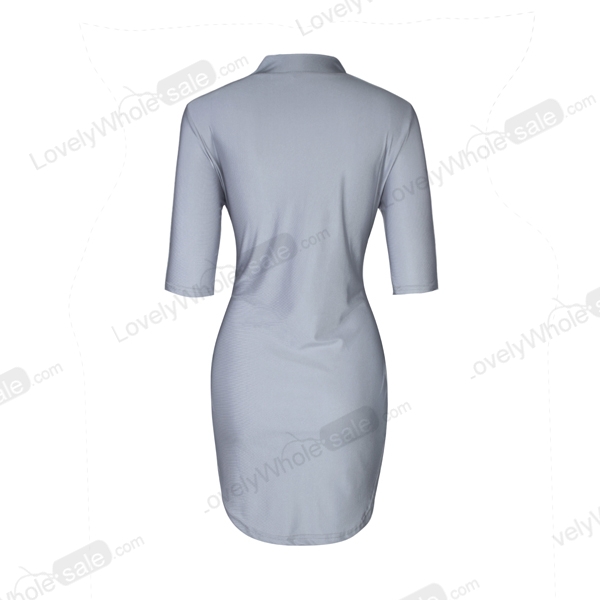 Fashion Turtleneck Short Sleeves Asymmetrical Grey Spandex Sheath Mini Dress