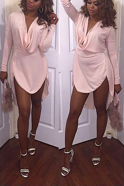 Fashion V Neck Long Sleeves Asymmetrical Pink Cotton Blend Mini Dress