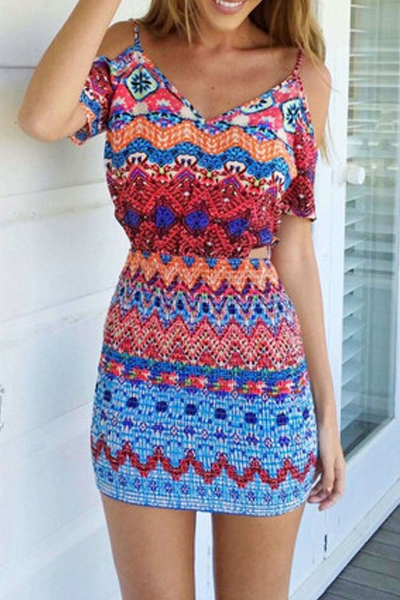 Fashionable V Neck Off The Shoulder Spaghetti Strap Short Sleeves Geometric Pattern Print Cotton Blend Sheath Mini Dress