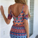 Fashionable V Neck Off The Shoulder Spaghetti Strap Short Sleeves Geometric Pattern Print Cotton Blend Sheath Mini Dress