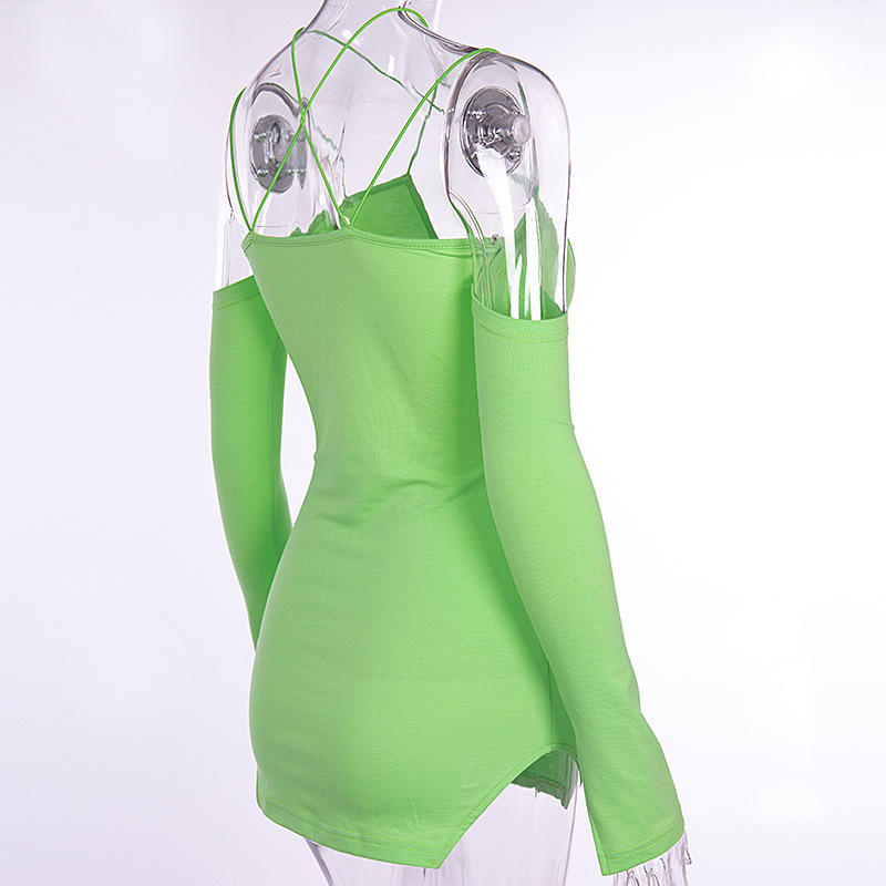 Fluorescent green sexy halter dress cross-border women's long sleeve nightclub V halter slit miniskirt #95104