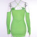 Fluorescent green sexy halter dress cross-border women's long sleeve nightclub V halter slit miniskirt #95104