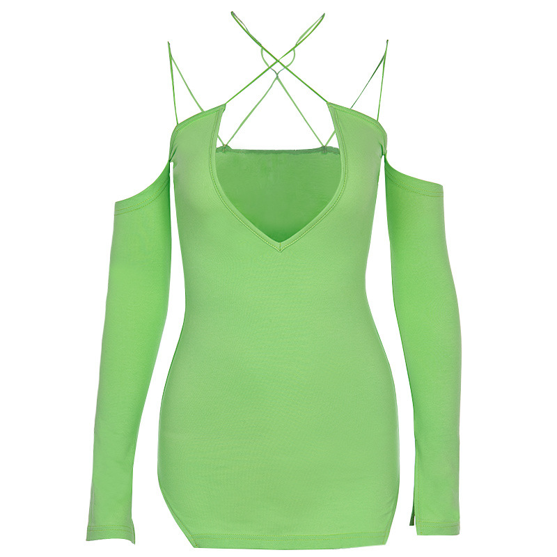 Fluorescent green sexy halter dress cross-border women's long sleeve nightclub V halter slit miniskirt #95104