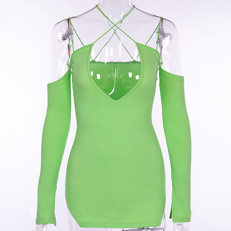 Fluorescent green sexy halter dress cross-border women's long sleeve nightclub V halter slit miniskirt #95104