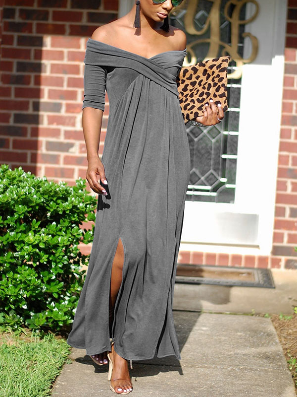 Leisure Dew Shoulder Grey Cotton Blend Ankle Length Dress