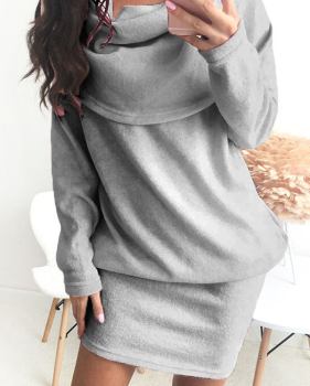 Leisure Heaps Collar Long Sleeves Grey Cotton Blend Mini Dress