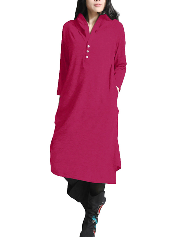 Leisure Hooded Collar Asymmetrical Carmine Cotton Mid Calf Dress