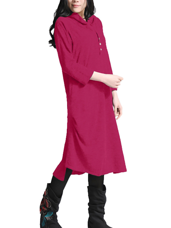 Leisure Hooded Collar Asymmetrical Carmine Cotton Mid Calf Dress