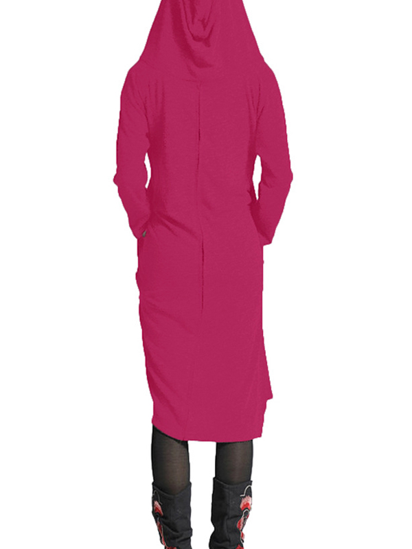 Leisure Hooded Collar Asymmetrical Carmine Cotton Mid Calf Dress