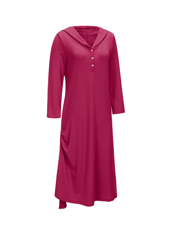 Leisure Hooded Collar Asymmetrical Carmine Cotton Mid Calf Dress