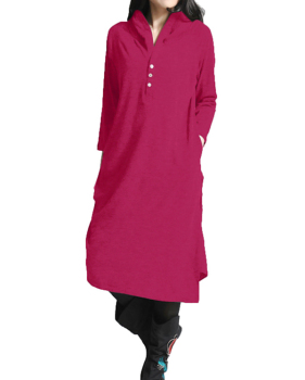 Leisure Hooded Collar Asymmetrical Carmine Cotton Mid Calf Dress