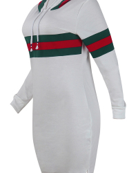 Leisure Hooded Collar Striped Patchwork White Cotton Blend Knee Length Dress