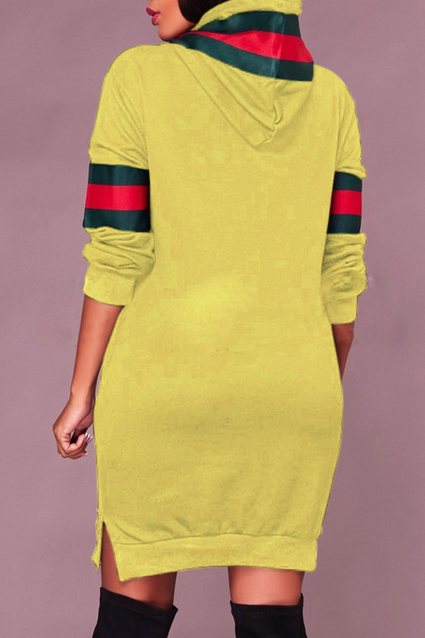 Leisure Hooded Collar Striped Patchwork Yellow Cotton Blend Knee Length Dress