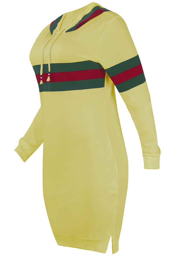 Leisure Hooded Collar Striped Patchwork Yellow Cotton Blend Knee Length Dress