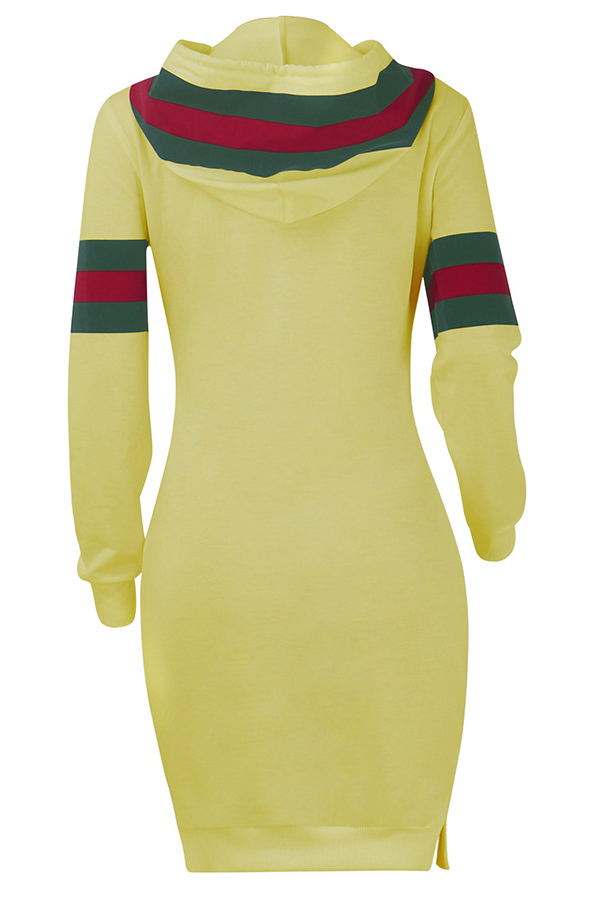 Leisure Hooded Collar Striped Patchwork Yellow Cotton Blend Knee Length Dress