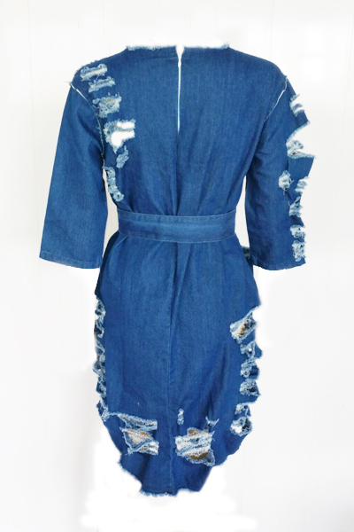 Leisure Round Neck Half Sleeves Blue Denim Mini Dress(With Belt)