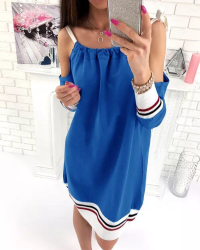 Leisure Round Neck Patchwork Blue Cotton One-piece Loose Jumpsuits