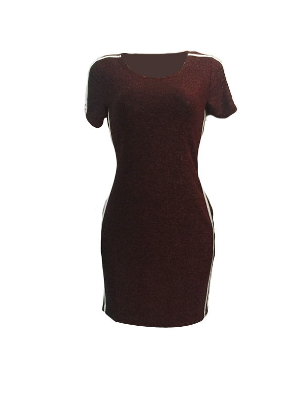 Leisure Round Neck Patchwork Wine Red Polyester Sheath Mini Dress