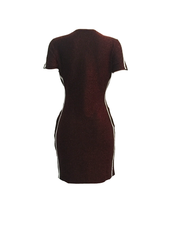 Leisure Round Neck Patchwork Wine Red Polyester Sheath Mini Dress