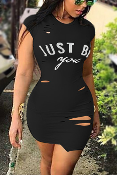 Leisure Round Neck Short Sleeves Broken Holes Black Polyester Mini Dress