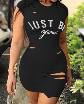 Leisure Round Neck Short Sleeves Broken Holes Black Polyester Mini Dress