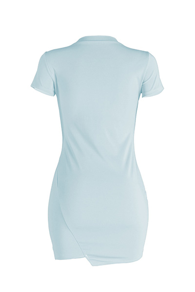 Leisure Round Neck Short Sleeves Broken Holes Skyblue Polyester Mini Dress