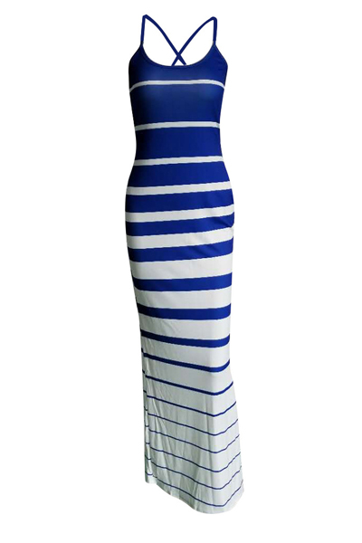 Leisure Striped Printed Blue-white Twilled Satin Sheath Floor Length Dress