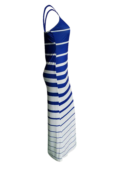 Leisure Striped Printed Blue-white Twilled Satin Sheath Floor Length Dress