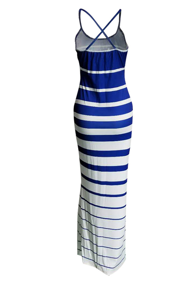 Leisure Striped Printed Blue-white Twilled Satin Sheath Floor Length Dress