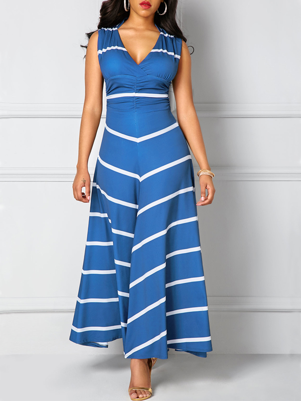 Leisure  V Neck Sleeveless Striped Blue Polyester Ankle Length Dress