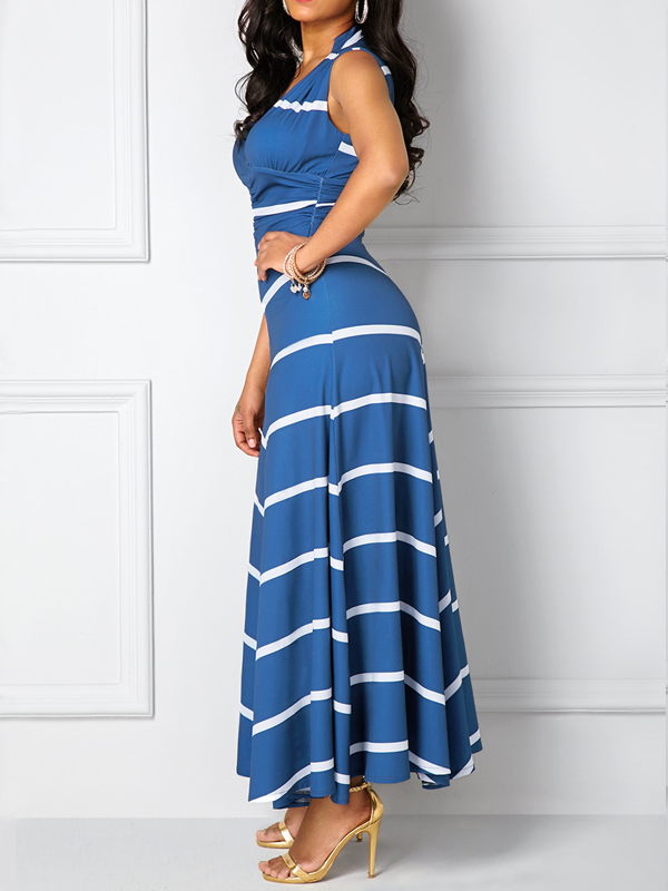 Leisure  V Neck Sleeveless Striped Blue Polyester Ankle Length Dress