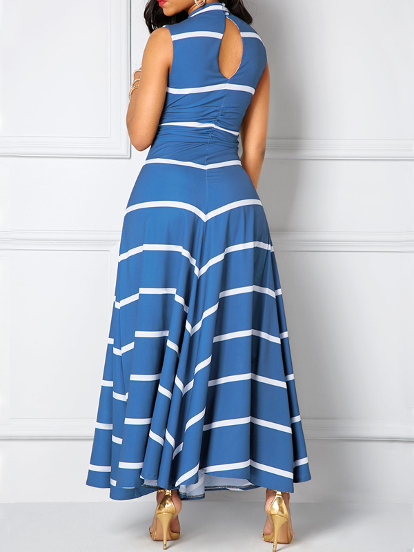 Leisure  V Neck Sleeveless Striped Blue Polyester Ankle Length Dress