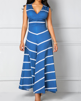 Leisure  V Neck Sleeveless Striped Blue Polyester Ankle Length Dress