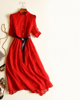 New boutique women's silk delivery belt circular collar mid-sleeve mulberry silk dress spring skirt #95042