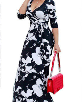 Polyester Fashion V Neck Three Quarter Ankle Length Dresses