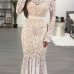 Retro Bateau Neck See-Through White Lace Ankle Length Dress(With Lining)