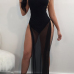 Sexy Backless Black Twilled Satin Ankle Length Dress