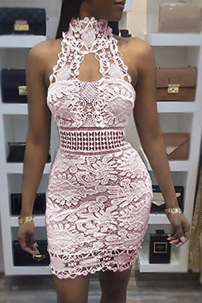 Sexy Backless Pink Lace Sheath Mini Dress(Without Lining)