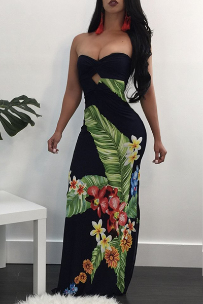 Sexy Backless Printed Twilled Satin Sheath Floor Length Dress