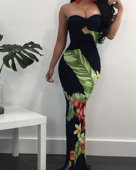 Sexy Backless Printed Twilled Satin Sheath Floor Length Dress