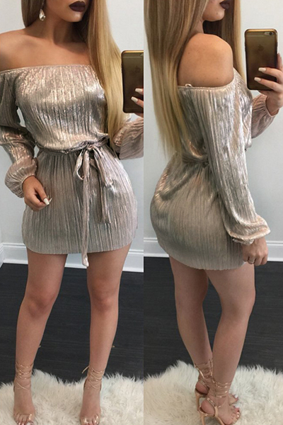 Sexy Bateau Neck Long Sleeves Lace-up Gold Polyester Mini Dress