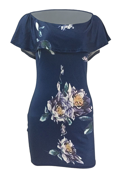 Sexy Bateau Neck Short Sleeves Floral Print Blue Qmilch Sheath Mini Dress