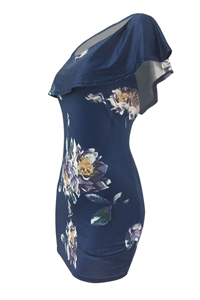 Sexy Bateau Neck Short Sleeves Floral Print Blue Qmilch Sheath Mini Dress