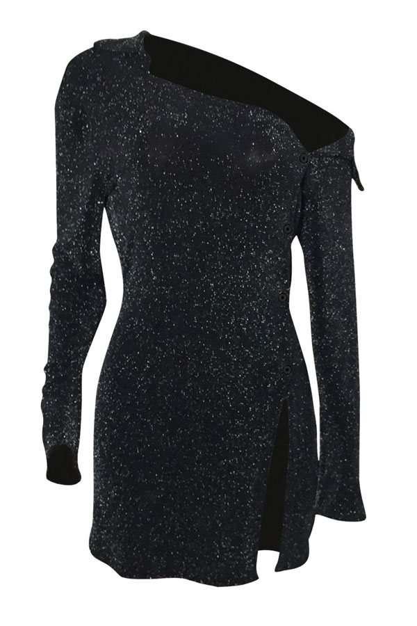 Sexy Boat Neck Sequins Decoration Black Polyester Sheath Mini Dress