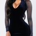 Sexy Choker Neck Long Sleeves Hollow-out Patchwork Dark Blue Velvet Sheath Knee Length Dress