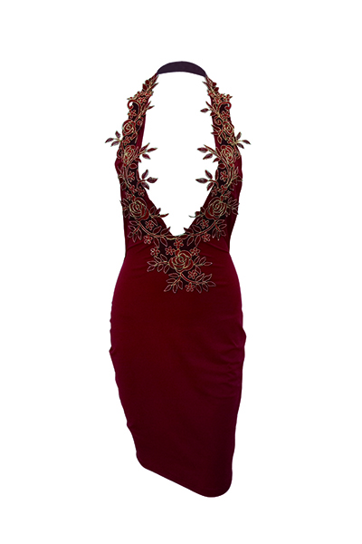 Sexy Deep V Neck Backless Wine Red Polyester Sheath Knee Length Dress