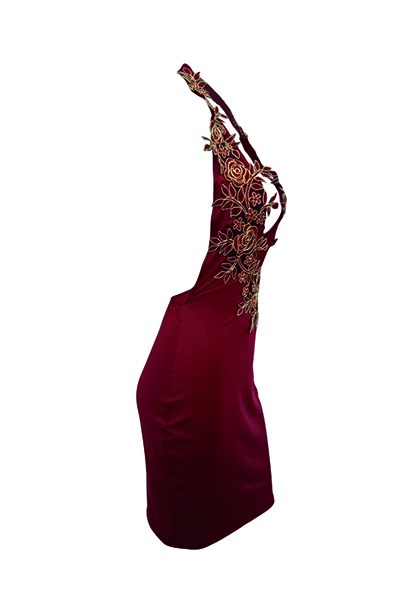 Sexy Deep V Neck Backless Wine Red Polyester Sheath Knee Length Dress